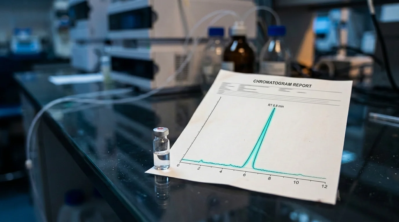 Reporte de cromatograma HPLC con un pico de alta pureza junto a un vial de muestra en un laboratorio, para leer un certificado de análisis de péptidos