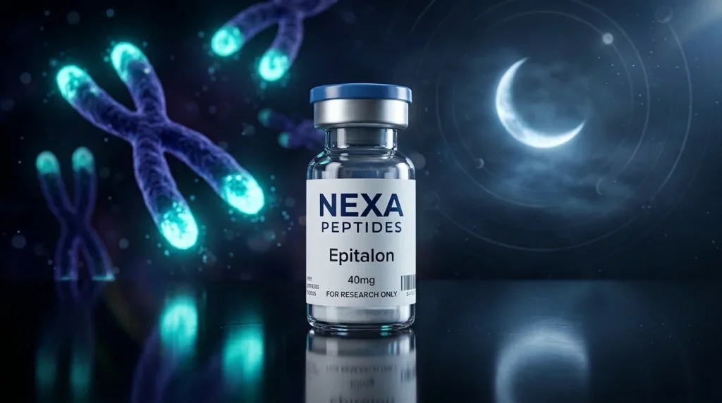 Vial de Epitalon 40 mg de Nexa Peptides con cromosomas de telómeros iluminados y luna creciente de fondo