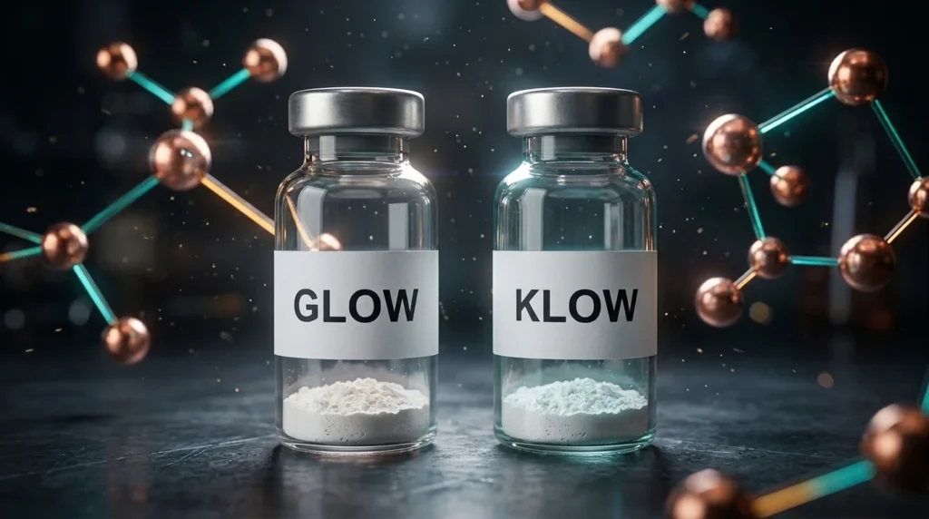 Viales de GLOW y KLOW con péptido liofilizado y estructuras moleculares de cobre de fondo