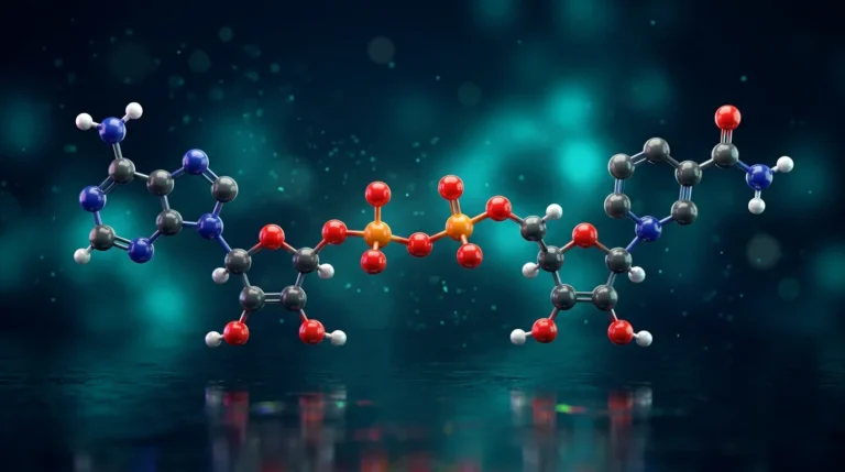 Modelo molecular 3D de NAD+ con adenina, dos ribosas, dos fosfatos y nicotinamida