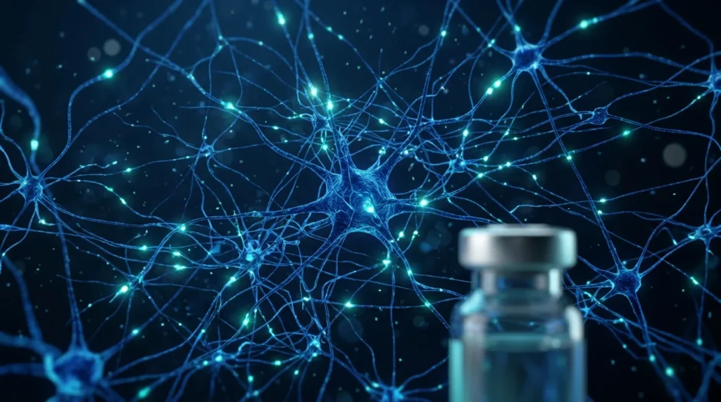 Red neuronal iluminada con un vial de Selank en primer plano, representando la investigación del péptido en el sistema nervioso