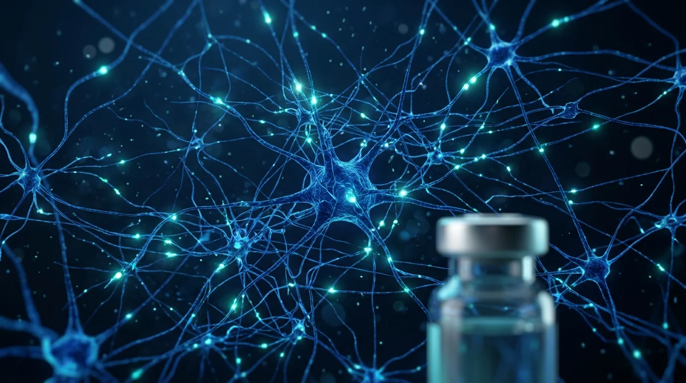 Red neuronal iluminada con un vial de Selank en primer plano, representando la investigación del péptido en el sistema nervioso